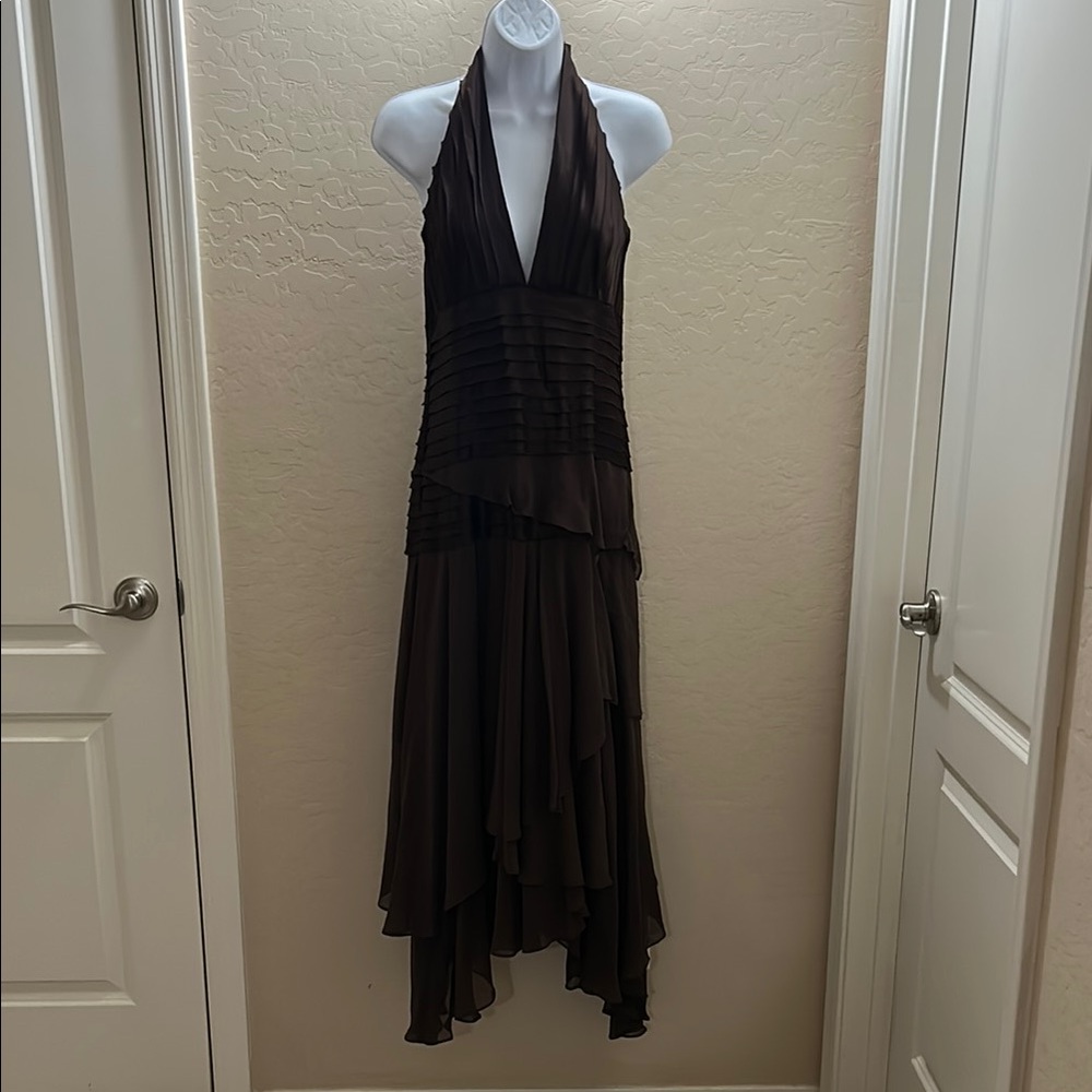BCBGMaxAzria Brown Asymmetrical Tiered Cocktail Dress